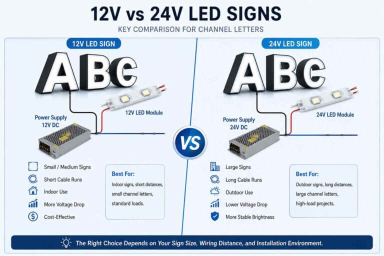 12V vs 24V LED Signs: 7 Tips for Channel Letters 17 12V vs 24V LED signs comparison for channel letters, showing power supply voltage, cable runs, and best-use scenarios