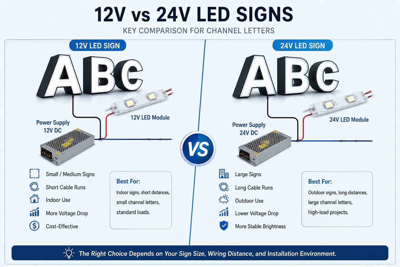 12V vs 24V LED Signs: 7 Tips for Channel Letters 4 12V vs 24V LED signs comparison for channel letters, showing power supply voltage, cable runs, and best-use scenarios
