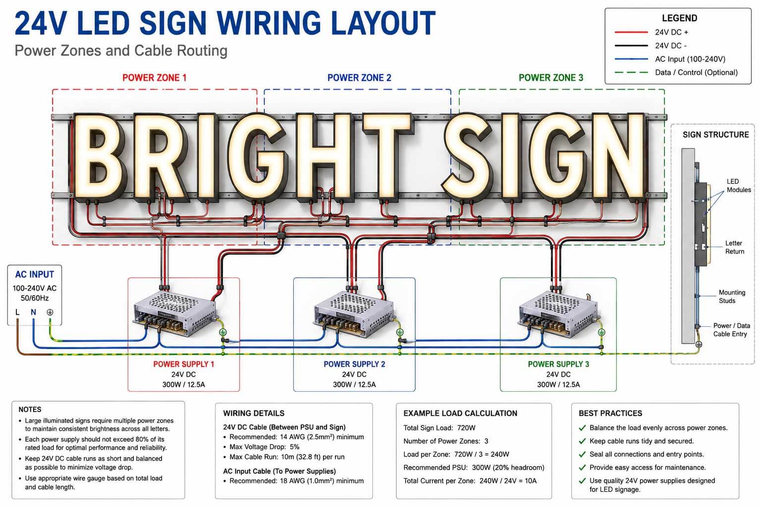 LED Sign Wiring Diagram: How to Plan Power, Cable Runs, and Connections 2 Large illuminated signs often need several power zones to keep brightness stable across all letters.