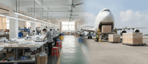 A split-screen visual showing Retay·sign's factory-direct manufacturing floor with workers assembling signage (left) and professional air cargo loading of wooden-crated signs for global delivery (right).