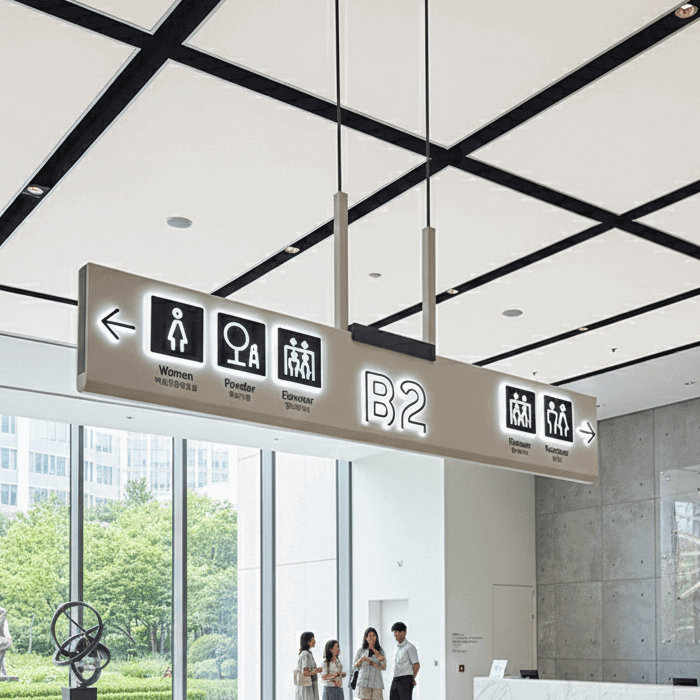 Elegant floor-standing wayfinding pylon in The Dubai Mall, featuring high-contrast bilingual directions and premium metallic finish for luxury retail environments.