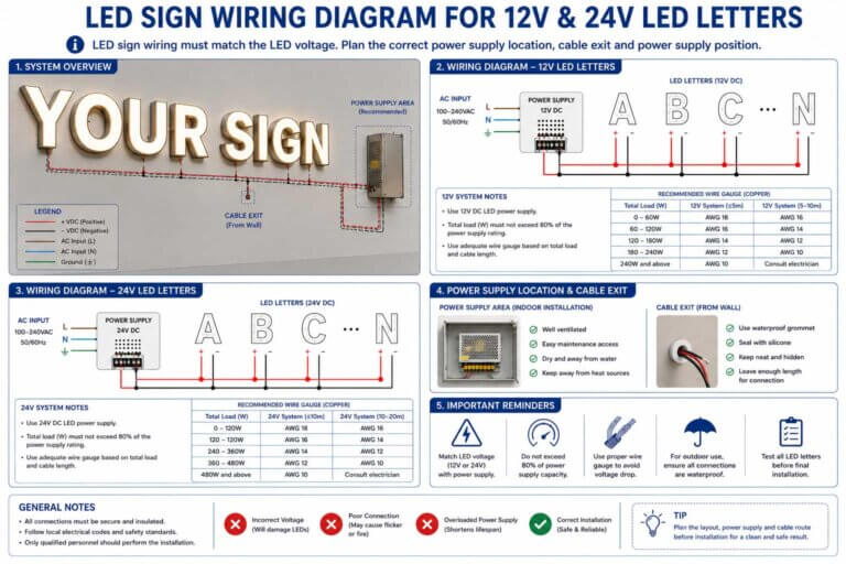 Illuminated Letters Installation and Wiring Guide 1 LED sign wiring should match the LED voltage and show the correct power zones, cable exits, and power supply position.