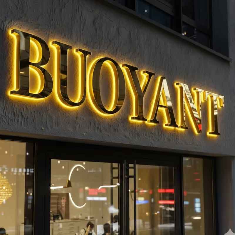 Modern outdoor business sign with 3D backlit letters and halo-lit logo installed on a corporate building facade, showing uniform lighting distribution.