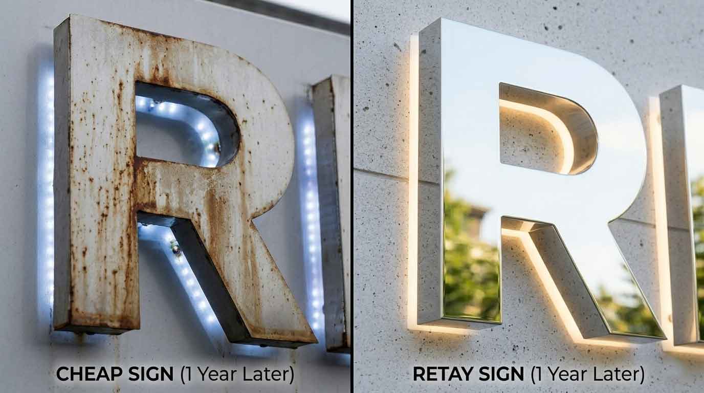 A split-screen comparison of a rusted cheap business sign vs a durable Retay Sign made with 316L stainless steel and 4000K LEDs after 1 year.