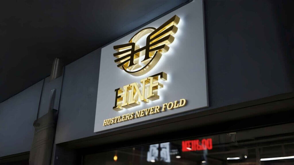 High-end custom gold mirror finish backlit sign with natural white LED halo effect for corporate branding.