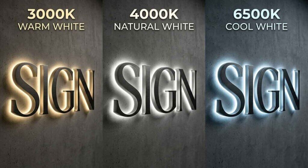 A comparison of custom halo-lit metal signs in three LED color temperatures: 3000K warm white, 4000K natural white, and 6500K cool white showing different lighting effects on a concrete wall.
