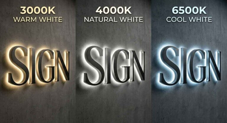 A comparison of custom halo-lit metal signs in three LED color temperatures: 3000K warm white, 4000K natural white, and 6500K cool white showing different lighting effects on a concrete wall.