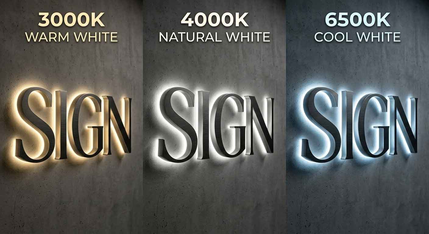 A comparison of custom halo-lit metal signs in three LED color temperatures: 3000K warm white, 4000K natural white, and 6500K cool white showing different lighting effects on a concrete wall.