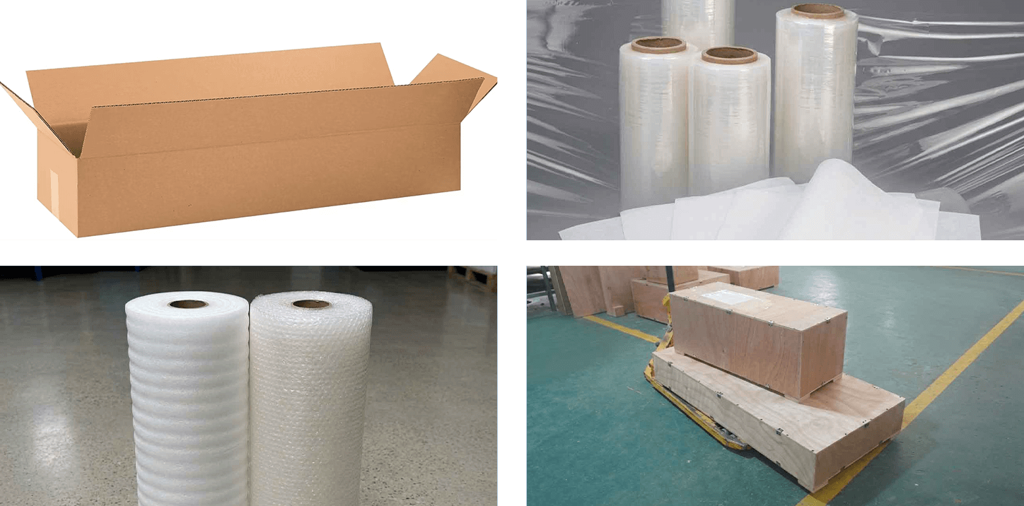 Secure export packaging for hanging LED signage including wooden crates and bubble wrap