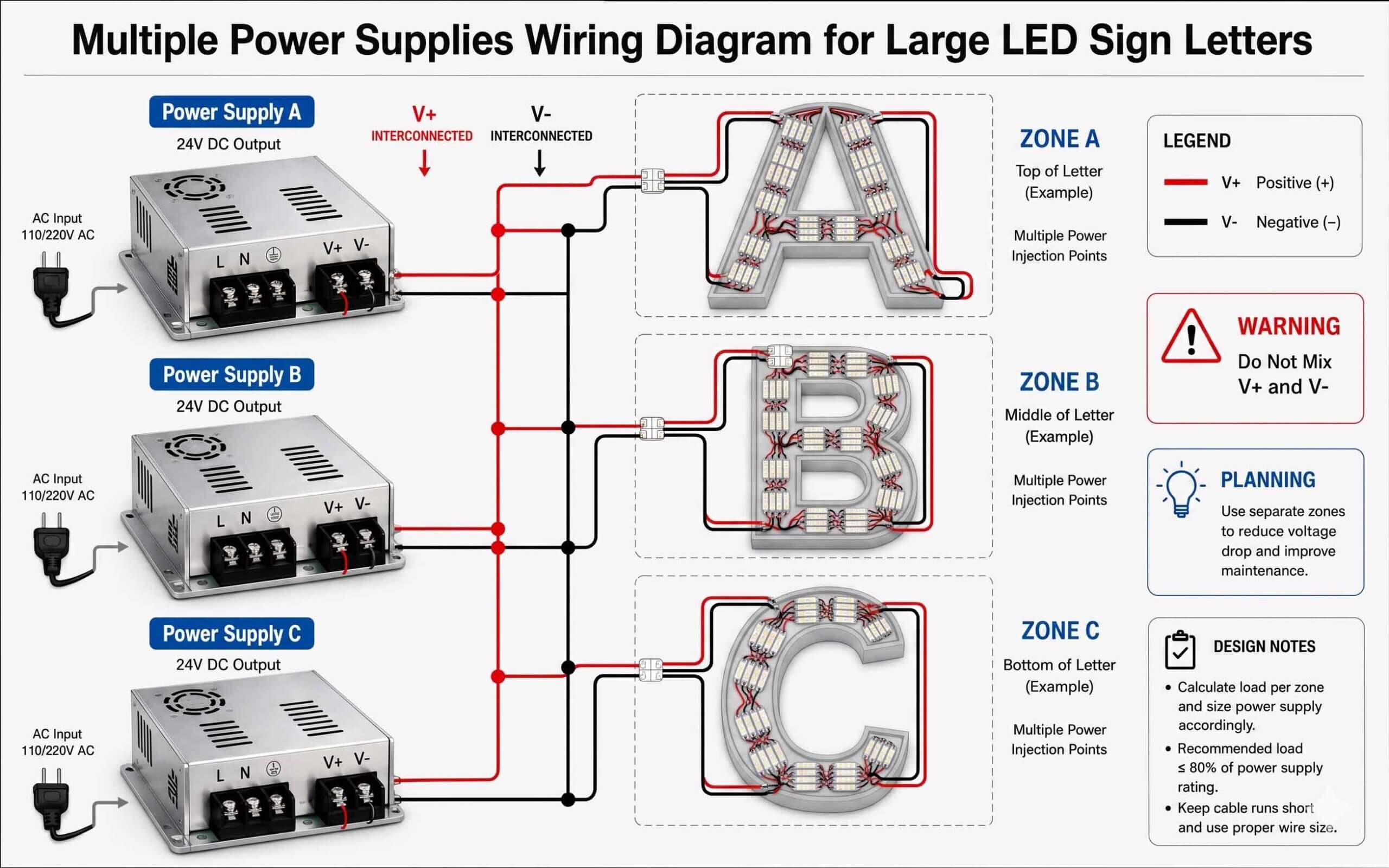 Multiple 24V power supplies wiring diagram for large LED sign letters, showing interconnected V+ and V- supplemental power lines feeding A, B, and C letter zones.