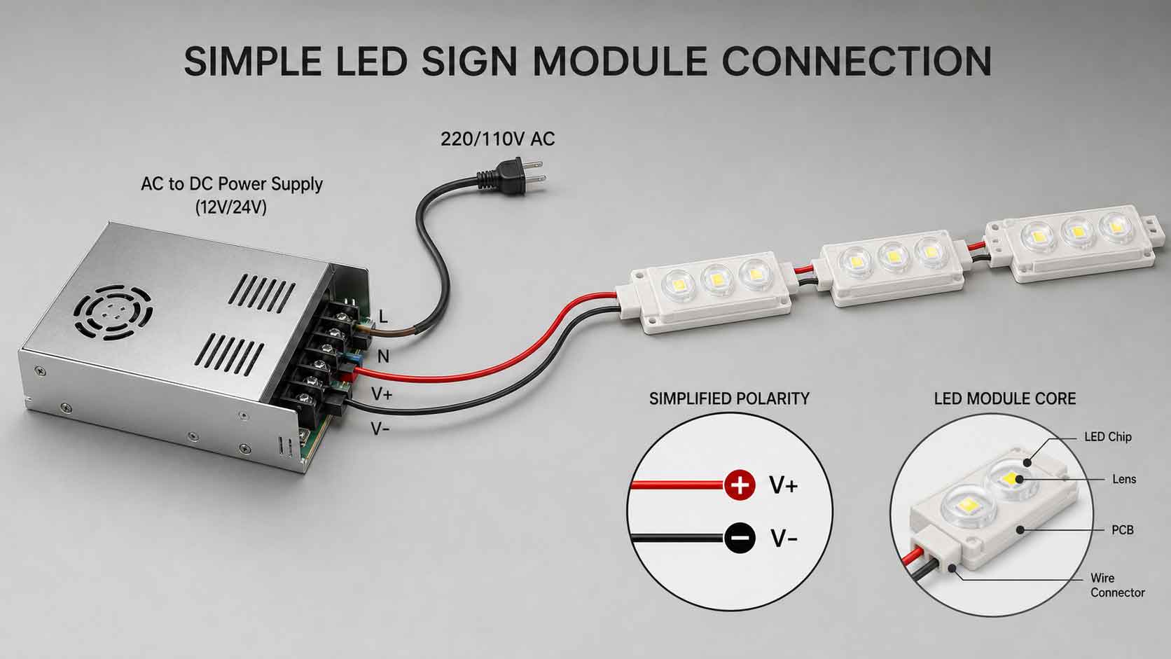 LED sign letters power supply connection diagram with LED modules and red black wiring
