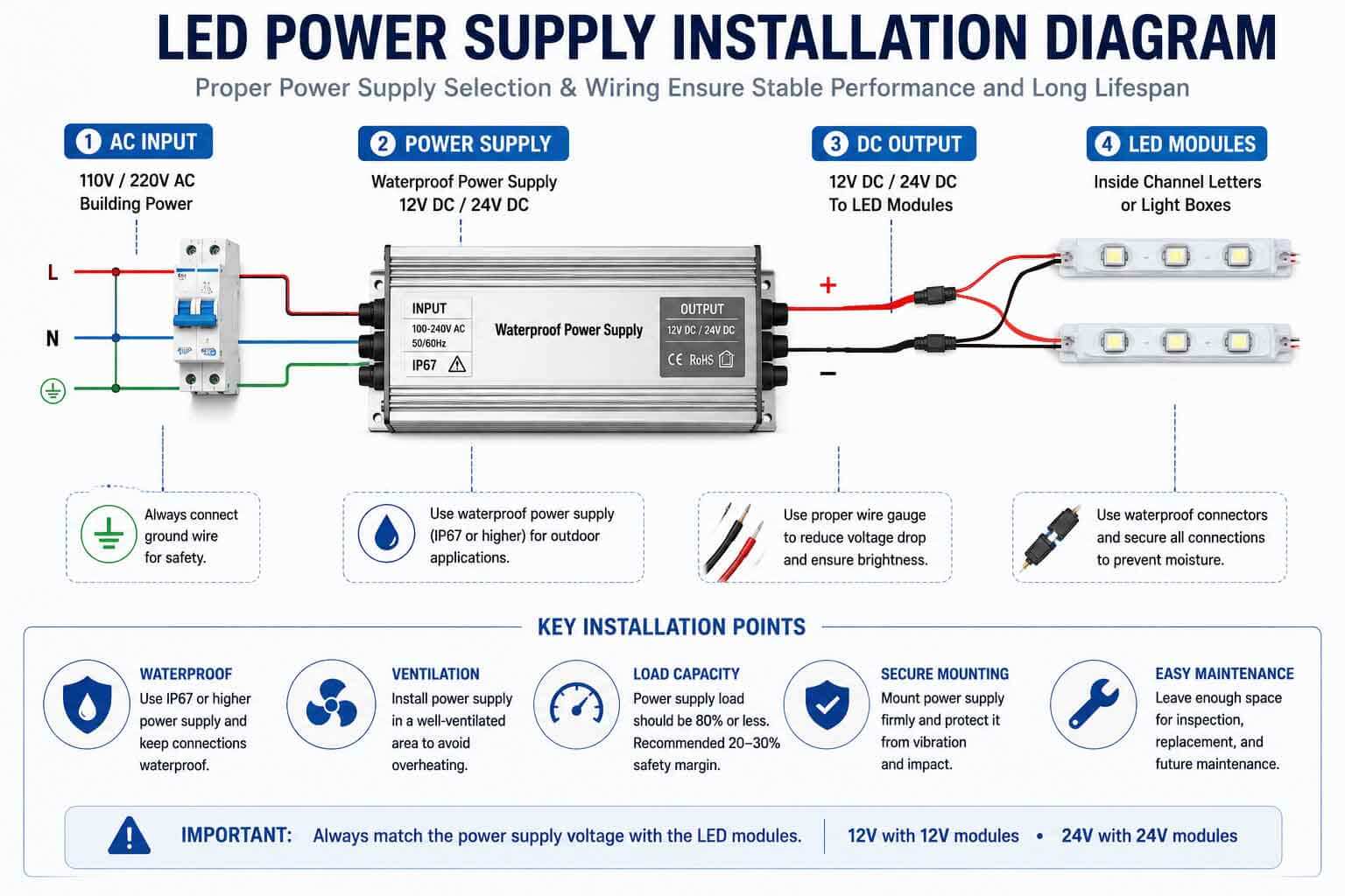 LED sign power supply installation diagram for 12V and 24V LED modules inside channel letters