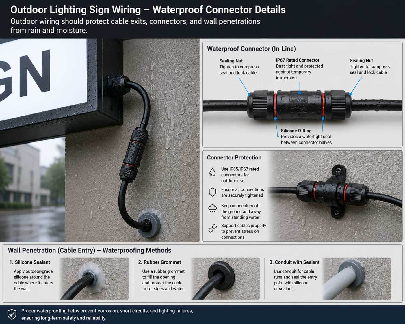 Outdoor wiring should protect cable exits, connectors, and wall penetrations from rain and moisture.