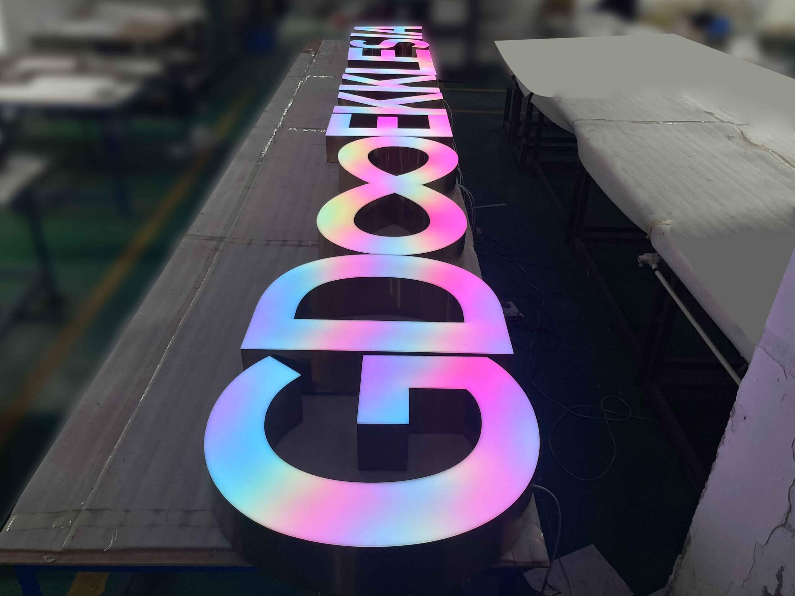 3D programmable RGB channel letters featuring premium stainless steel returns and acrylic faces