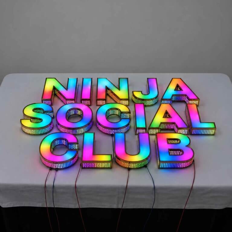 RGB / Programmable Letters: What Controllers and Options Matter 15 Custom premium RGB channel letters with programmable LED lighting for the Ninja Social Club storefront signage