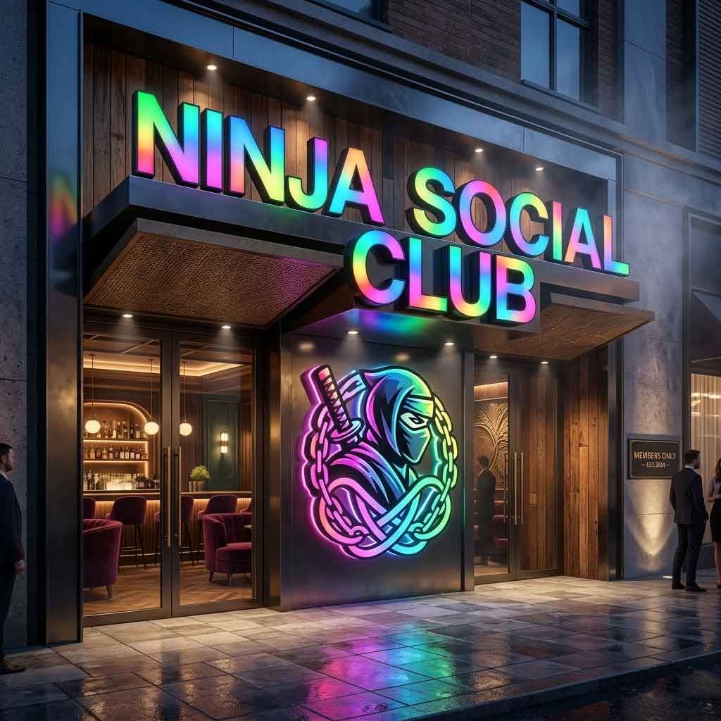 Custom premium RGB channel letters with programmable LED lighting for the Ninja Social Club storefront signage