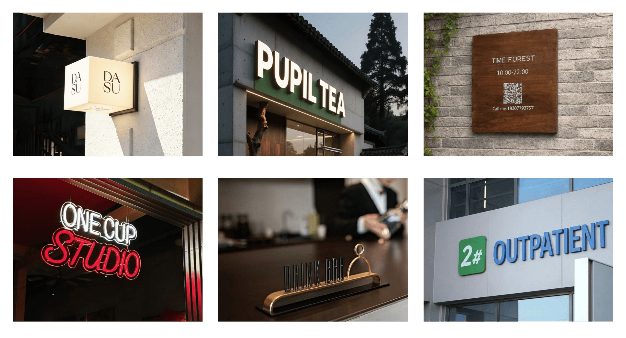 A diverse gallery showcasing front-lit channel letters used in Tissot retail stores, shopping mall wayfinding, colorful family-themed graphics, and modern commercial branding.
