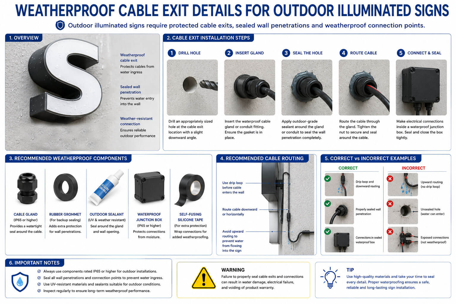 Outdoor illuminated signs need protected cable exits, sealed wall penetrations, and weather-safe connection points.