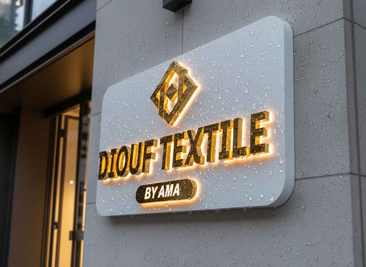 A luxury backlit acrylic business sign for Diouf Textile featuring a warm halo glow effect and modern typography.
