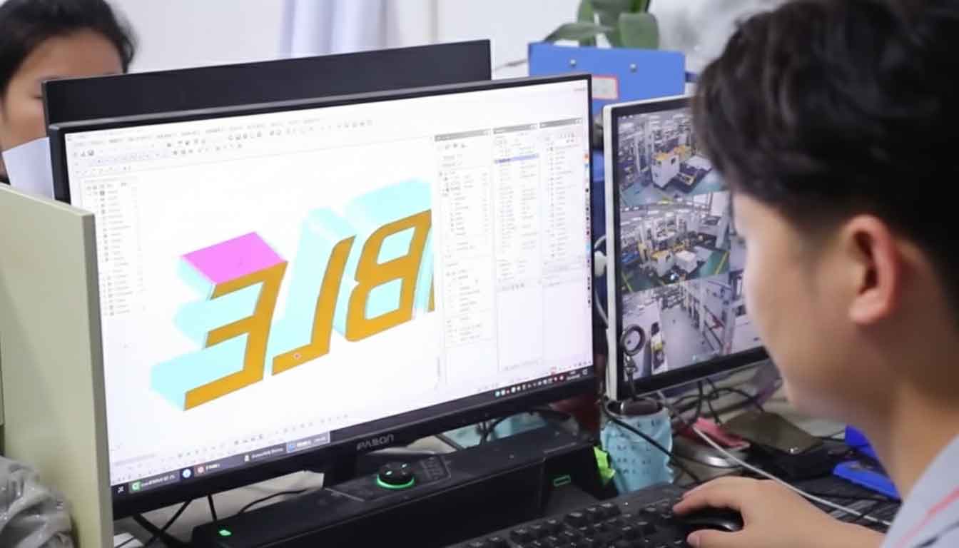 Retay·sign engineers and consultants discussing custom LED signage technical drawings and metal material samples with a client in a professional workshop setting.