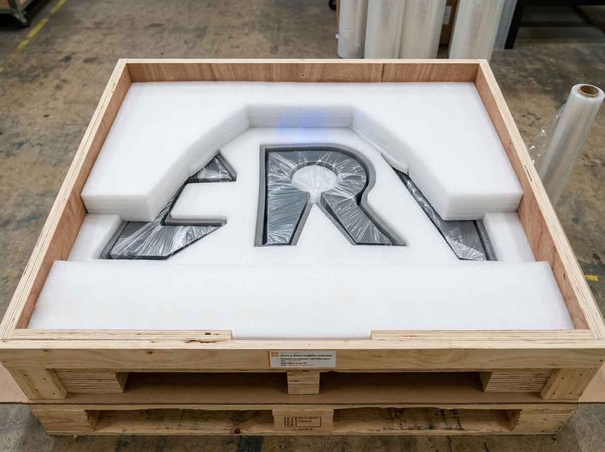 Detailed view of custom signage inside a heavy-duty wooden crate, featuring precision high-density foam padding and multi-layer protection for secure global shipping.