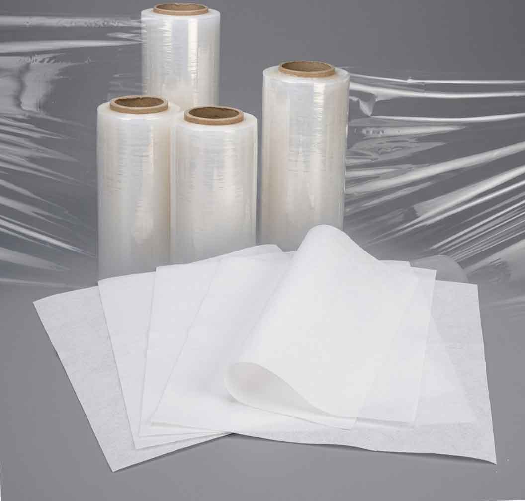 Surface protection materials including PE protective film rolls and anti-static dust-proof paper.