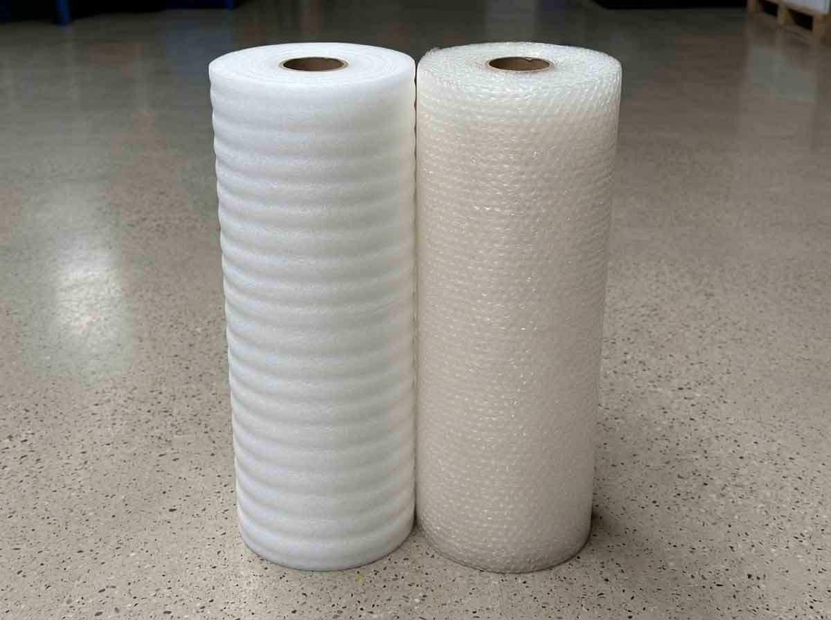 A roll of white EPE foam and a roll of transparent bubble wrap standing on the floor, showcasing cushioning packaging materials.