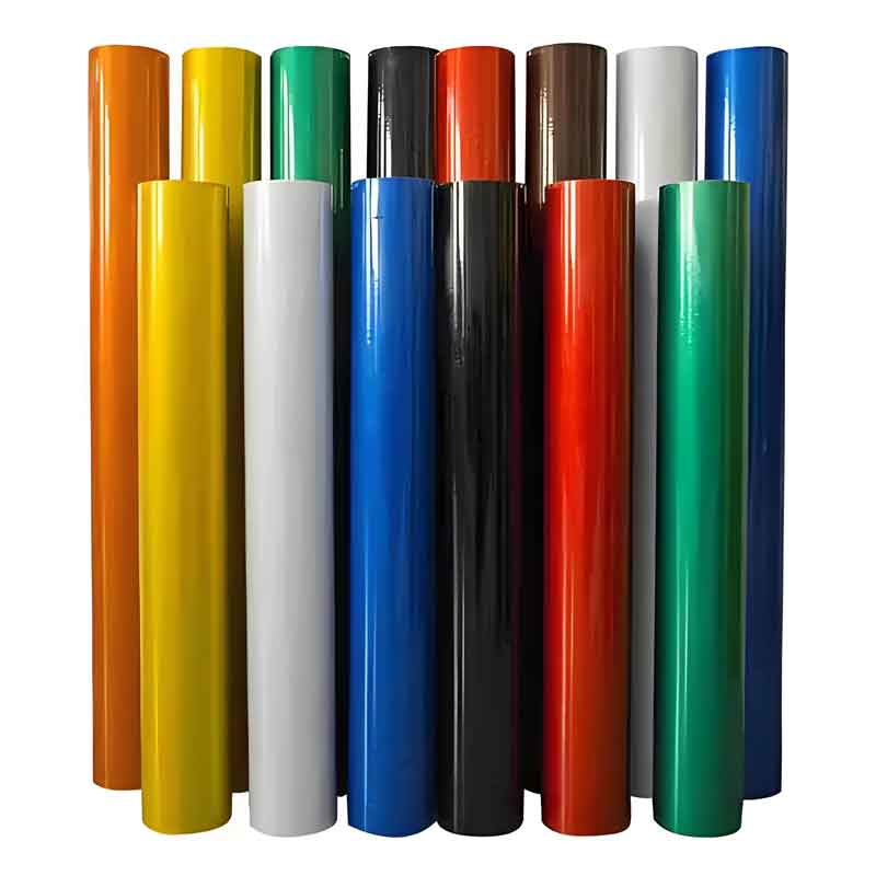 A collection of vibrant, high-gloss vinyl rolls in various colors, showcasing a mirror-like baked paint texture for custom outdoor signage branding.