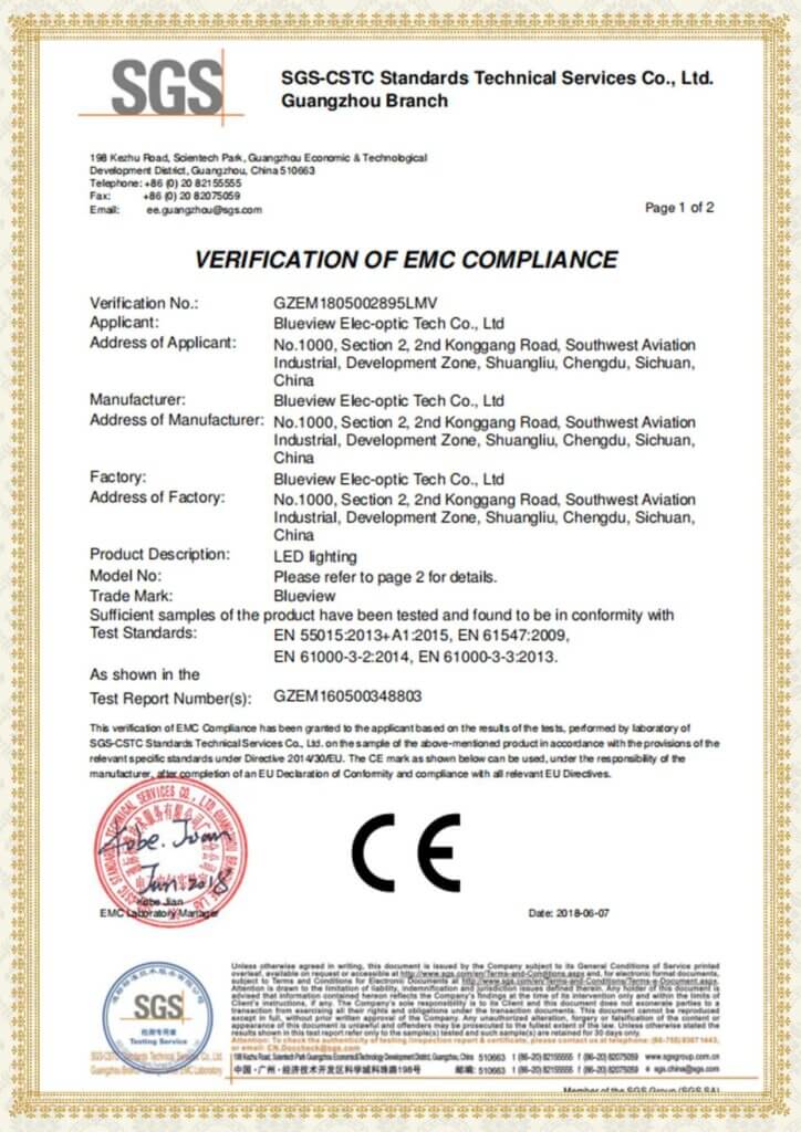 SGS Verification of EMC Compliance for Blueview LED lighting used in Retay·sign products. This report confirms compliance with EU Directive 2014/30/EU and technical standards EN 55015, EN 61547, and EN 61000 for electromagnetic compatibility in illuminated signage.