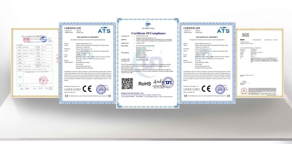 CE and RoHS compliance certificates for premium **LED sign letters** manufactured by Retay Advertising.
