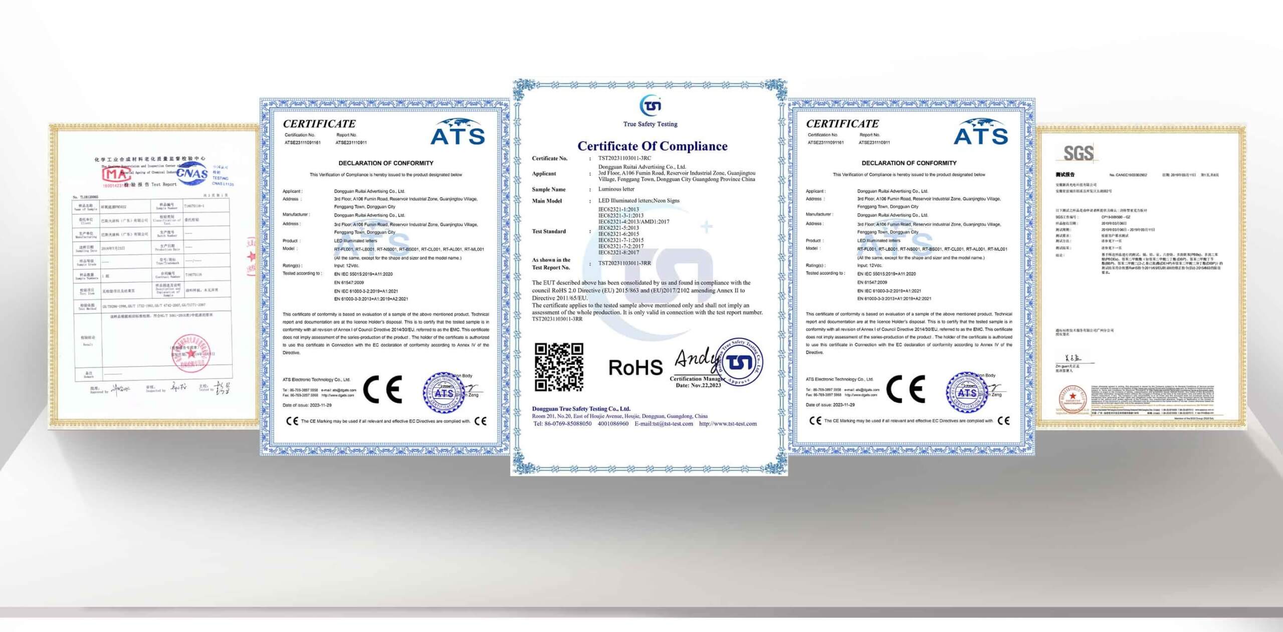 A collection of international quality and safety certifications for Retay·sign products, including CE, RoHS, ATS compliance, and SGS inspection reports for LED illuminated letters.