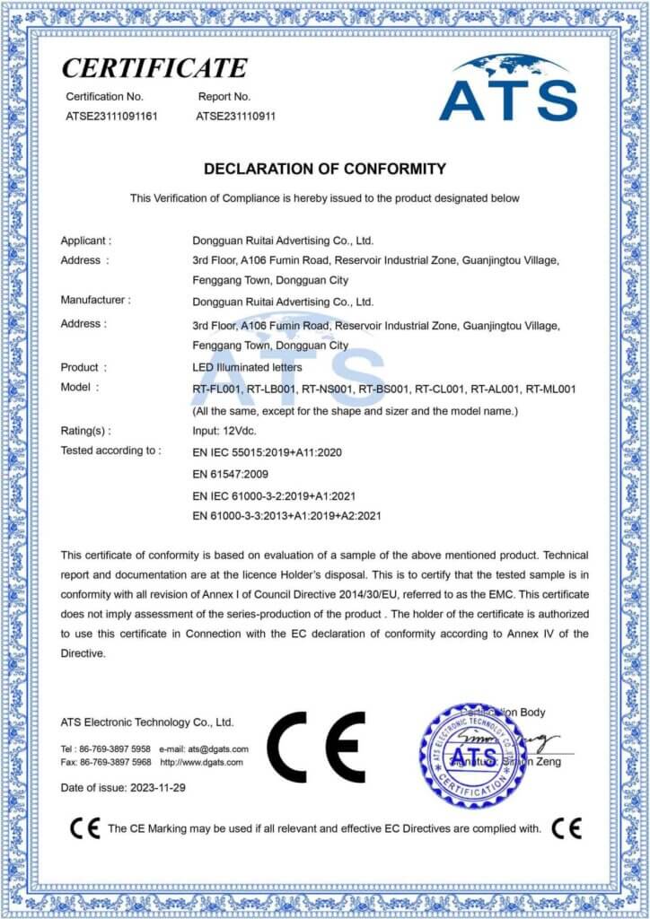 Official CE Declaration of Conformity for Retay·sign LED illuminated letters, issued by ATS Electronic Technology. This certificate confirms compliance with EU Council Directive 2014/30/EU (EMC) and meets technical standards including EN IEC 55015 and EN 61547 for safe operation in the European market.