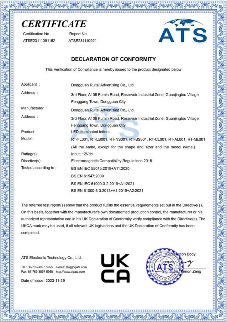 UKCA Declaration of Conformity for Retay·sign LED illuminated letters, certified by ATS Electronic Technology. This certificate verifies compliance with UK Electromagnetic Compatibility Regulations 2016 and BS EN standard safety requirements for models including RT-FL001 and RT-AL001.