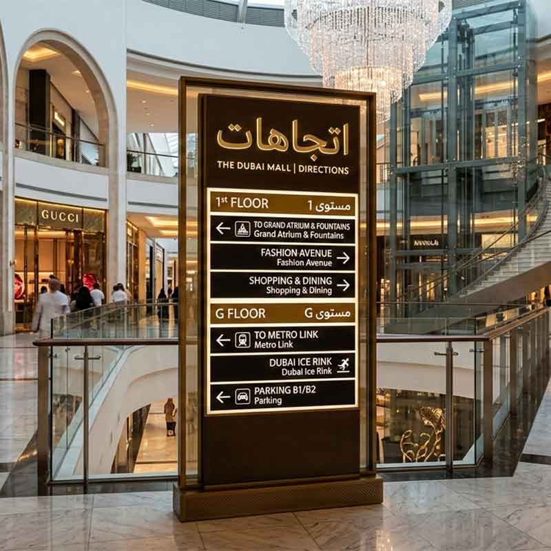 Elegant floor-standing wayfinding pylon in The Dubai Mall, featuring high-contrast bilingual directions and premium metallic finish for luxury retail environments.
