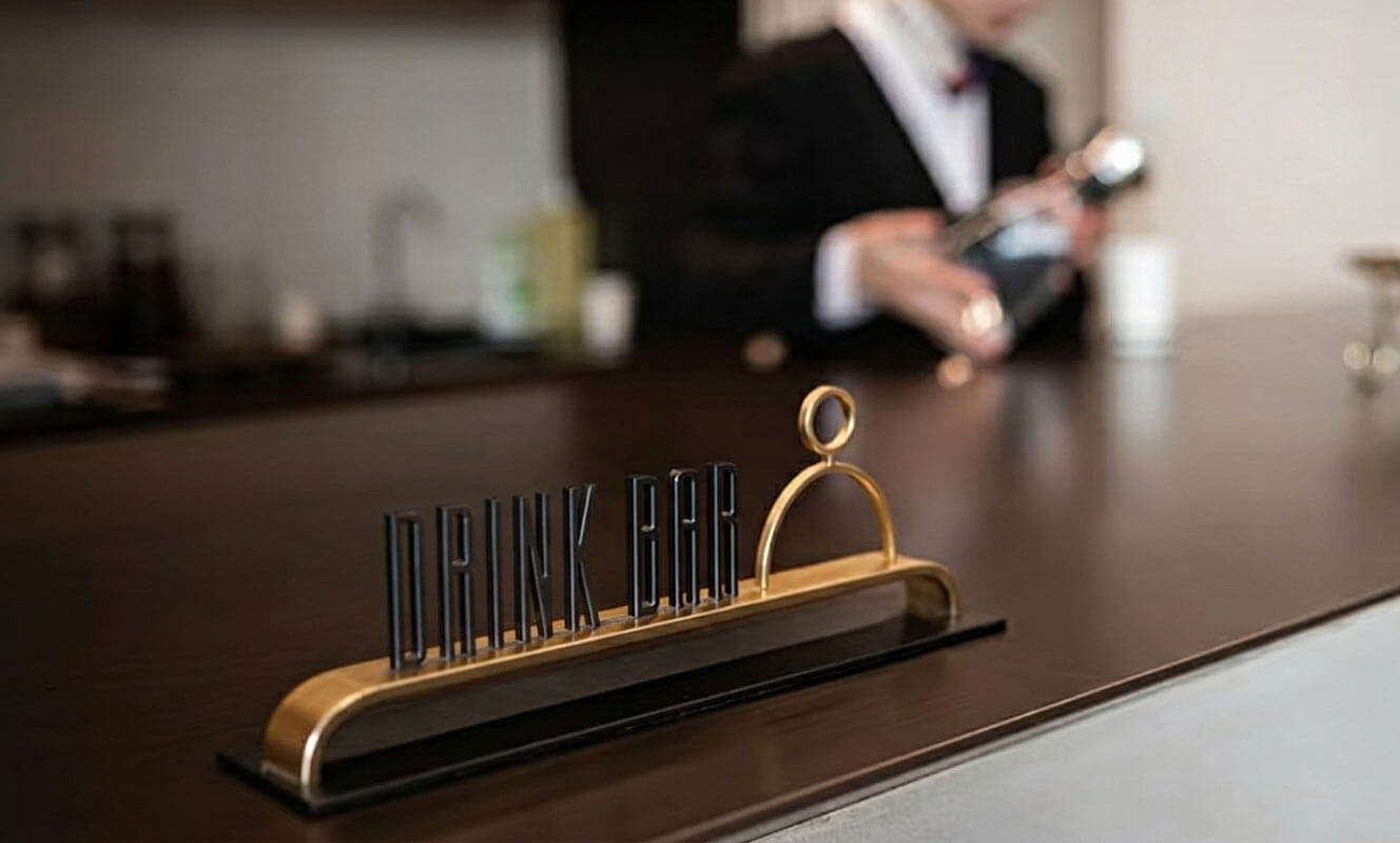 A modern gold and black "DRINK BAR" sign on a dark wooden counter, with a blurred bartender preparing a drink in the background.