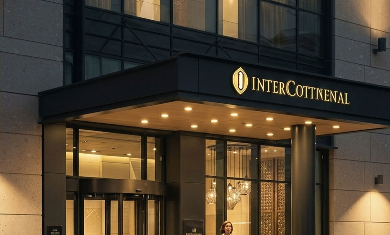 A modern luxury hotel entrance featuring a dark metal canopy with a golden "INTERCONTINENTAL" sign and logo, illuminated by recessed spotlights above a glass revolving door.