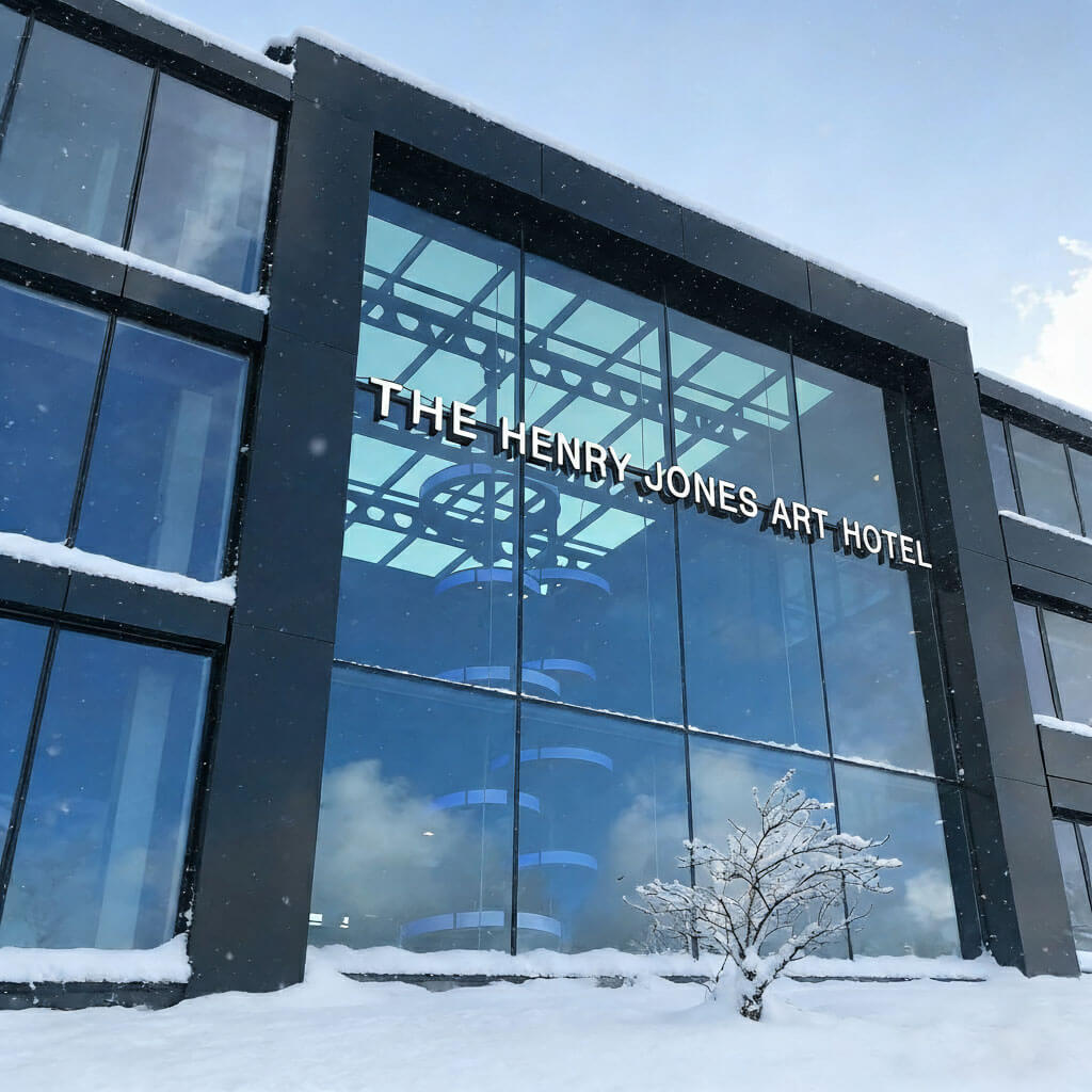 A modern black-framed glass building exterior featuring white lettering that reads "THE HENRY JONES ART HOTEL." The ground and building ledges are covered in snow, with blue spiral light fixtures visible through the glass.