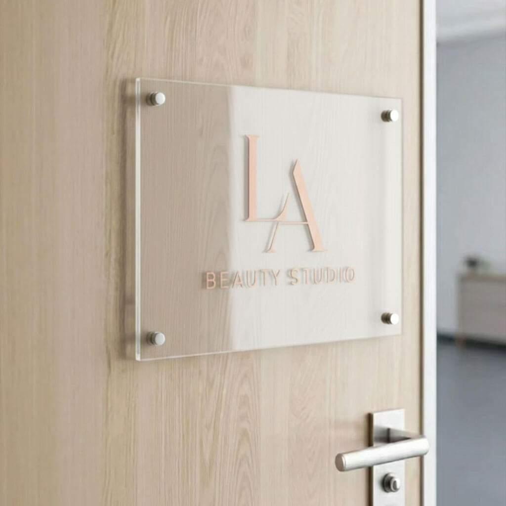 A transparent acrylic sign mounted on a light wood door with silver standoffs, featuring a rose gold logo and text that reads "LA BEAUTY STUDIO."