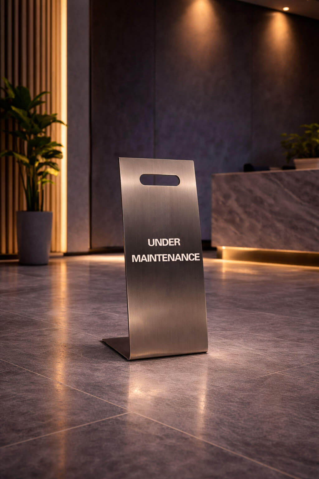 A brushed stainless steel L-shaped floor sign on a marble floor, engraved with "UNDER MAINTENANCE" in an indoor setting.