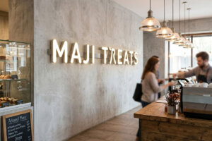 Suspended LED signage for MAJI TREATS installed in a modern bakery or cafe interior, demonstrating the application of trimless hanging signs in premium interior design.