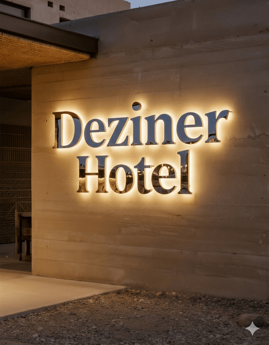 A minimalist light grey stone pylon sign next to a staircase. It features an up arrow for "Lift", "Restrooms", and "Rooms 101-107", and a right arrow for "Stairs to Meeting Rooms" and "Rooms 201-223", set against colorful terrazzo stairs.