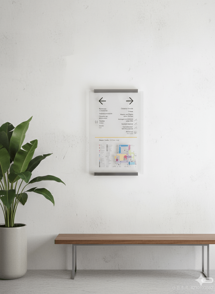 A minimalist translucent directory sign mounted on a white wall, featuring black arrows and text above a colorful 3D floor plan. A potted plant and a wooden bench are positioned next to it.