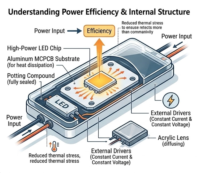 Internal structure diagram of an LED fixture showing high-power LED chip, aluminum substrate for heat dissipation, potting compound, and external drivers.