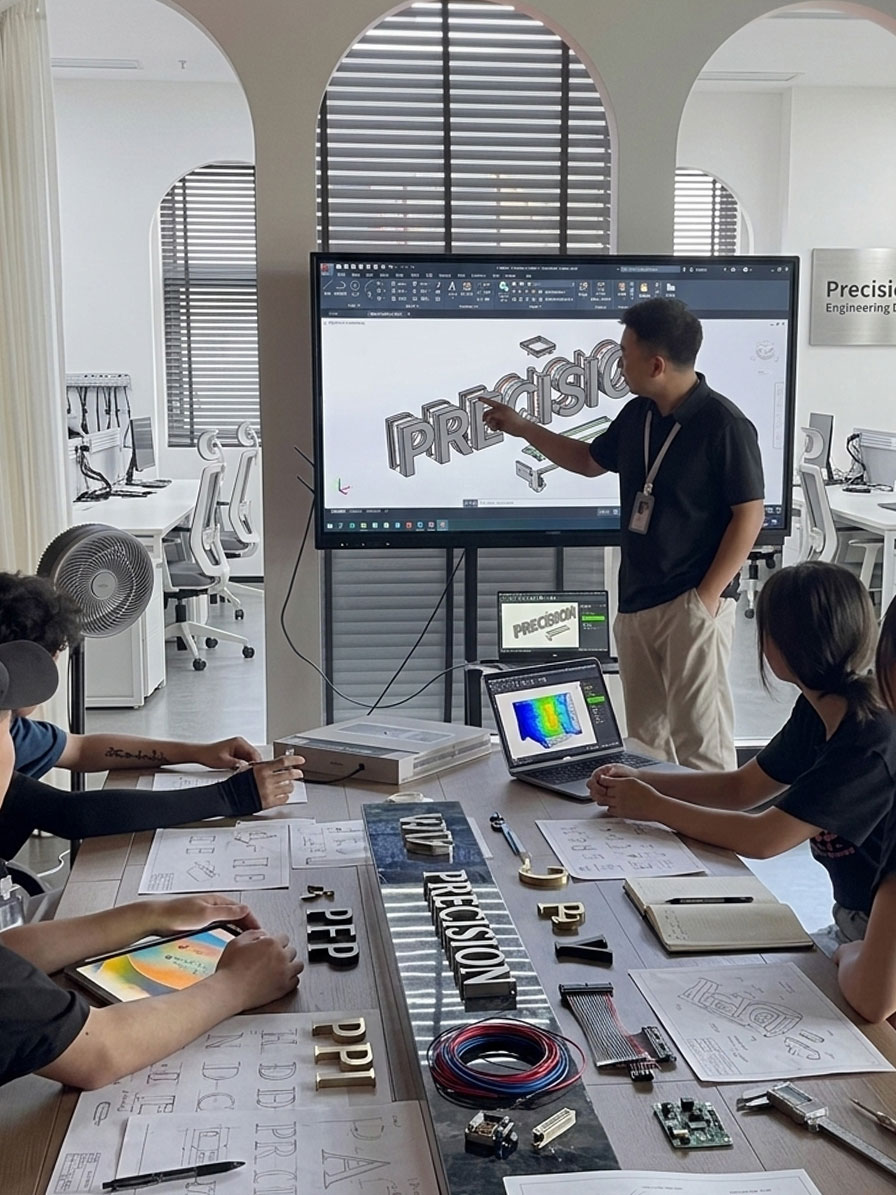 An engineer presenting a 3D CAD precision part design model to the team on a large screen.
