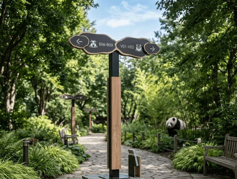 Wayfinding pylon in a corporate building corridor with a blurred figure walking past