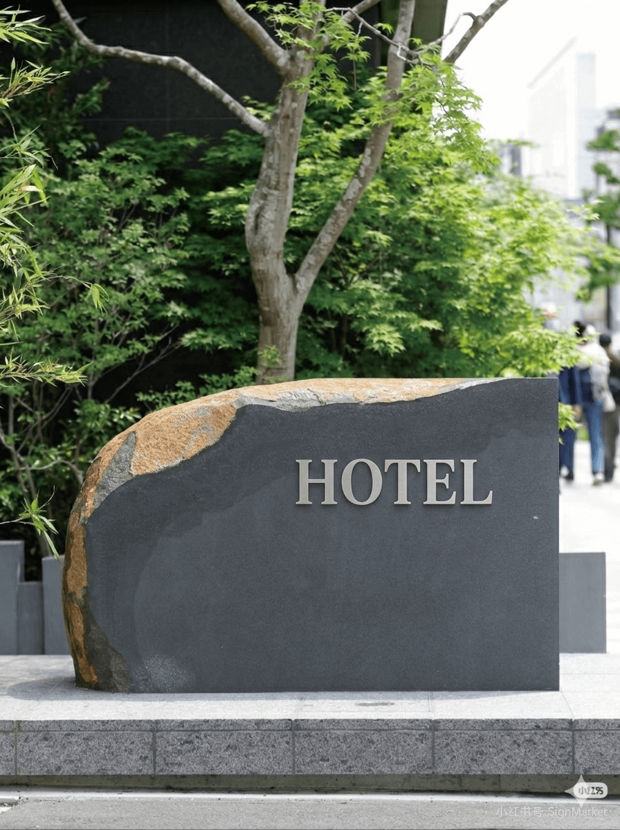 A minimalist light grey stone pylon sign next to a staircase. It features an up arrow for "Lift", "Restrooms", and "Rooms 101-107", and a right arrow for "Stairs to Meeting Rooms" and "Rooms 201-223", set against colorful terrazzo stairs.