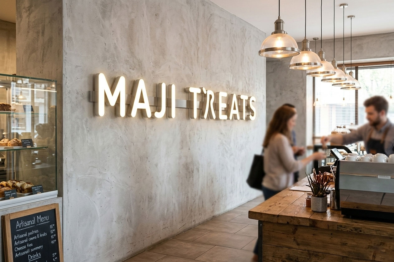 Suspended LED signage for MAJI TREATS installed in a modern bakery or cafe interior, demonstrating the application of trimless hanging signs in premium interior design.