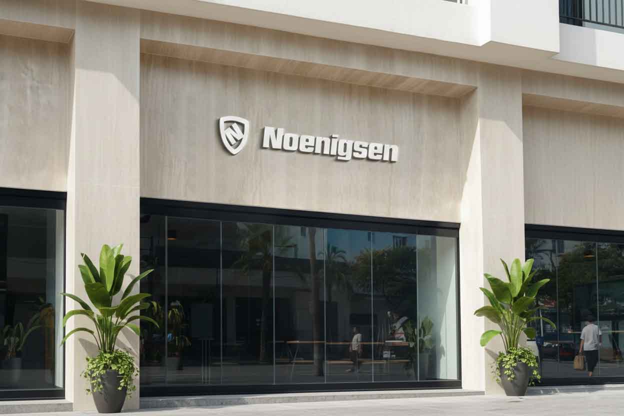 OEM / ODM Manufacturing 2 3D raised metal signage of the Noenigsen brand with a shield-shaped logo icon, installed on a modern exterior wall.
