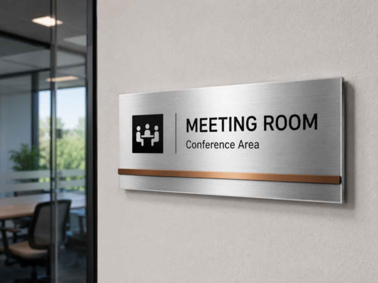 Wayfinding Signs & Signage 14 A minimalist light grey stone pylon sign next to a staircase. It features an up arrow for "Lift", "Restrooms", and "Rooms 101-107", and a right arrow for "Stairs to Meeting Rooms" and "Rooms 201-223", set against colorful terrazzo stairs.