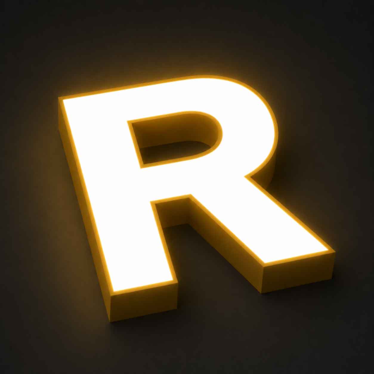 front lit channel letter r night view 1